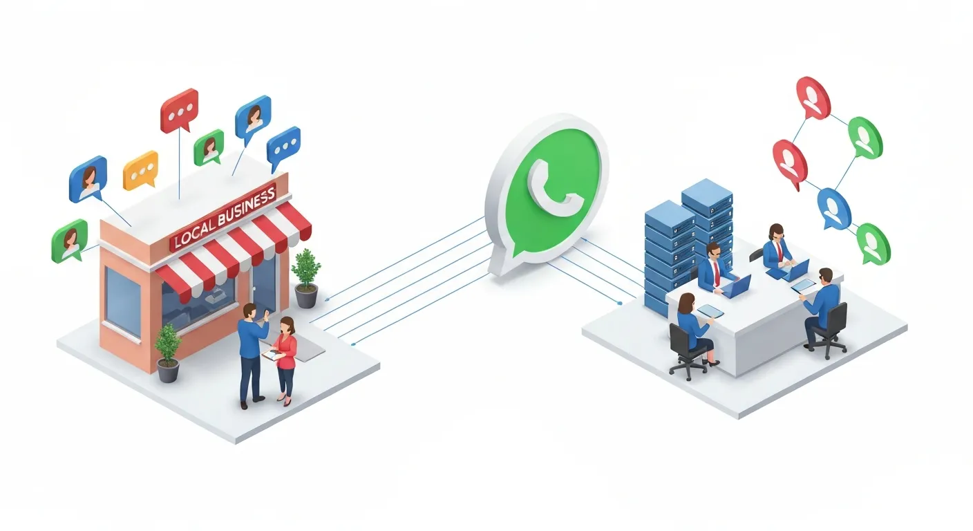 An isometric illustration comparing the free WhatsApp Business App for a small local business and the scalable WhatsApp Business API for a large corporation, showing both connecting to customers.
