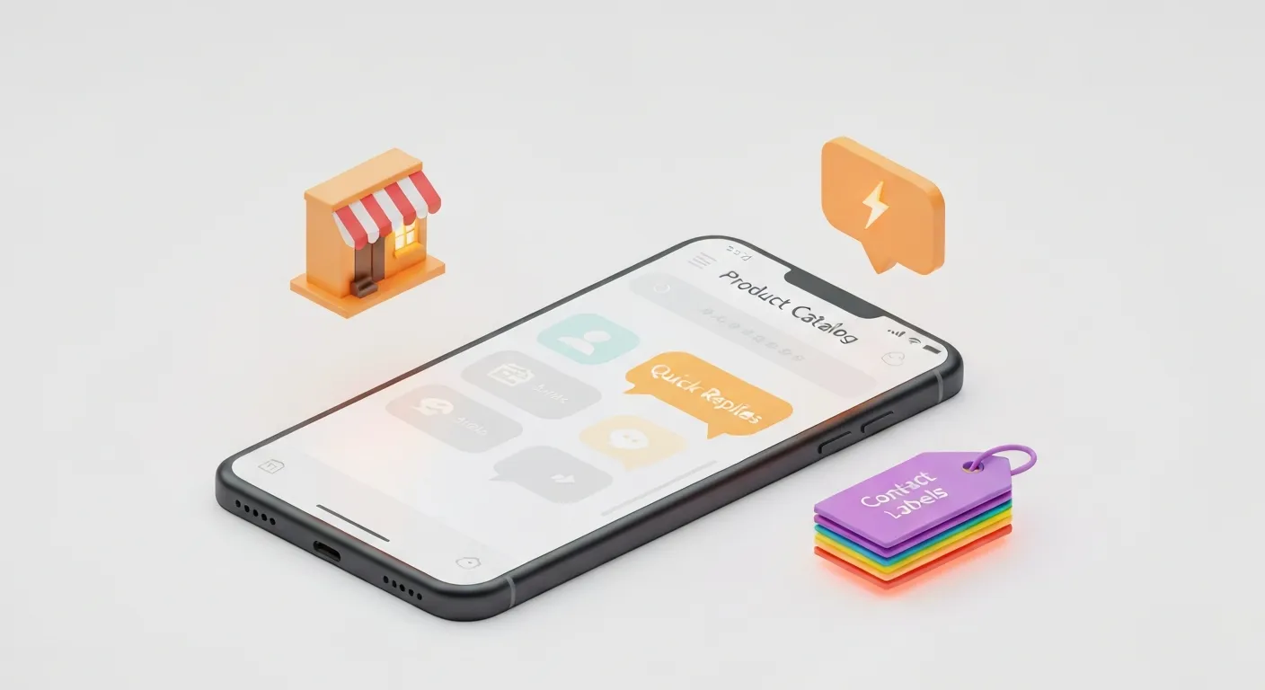 A stylized isometric view of a smartphone showcasing key WhatsApp Business features like the product catalog, automated quick replies, and organizational labels as floating 3D icons.