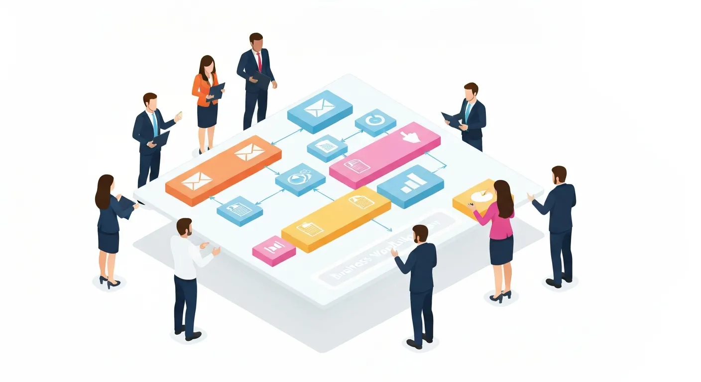 Izometryczna ilustracja przedstawiająca zespół biznesowy współpracujący przy tworzeniu diagramu workflow na dużym, interaktywnym ekranie. Postacie przesuwają bloki z zadaniami i łączą je strzałkami, co symbolizuje proces projektowania i wizualizacji przepływu pracy.