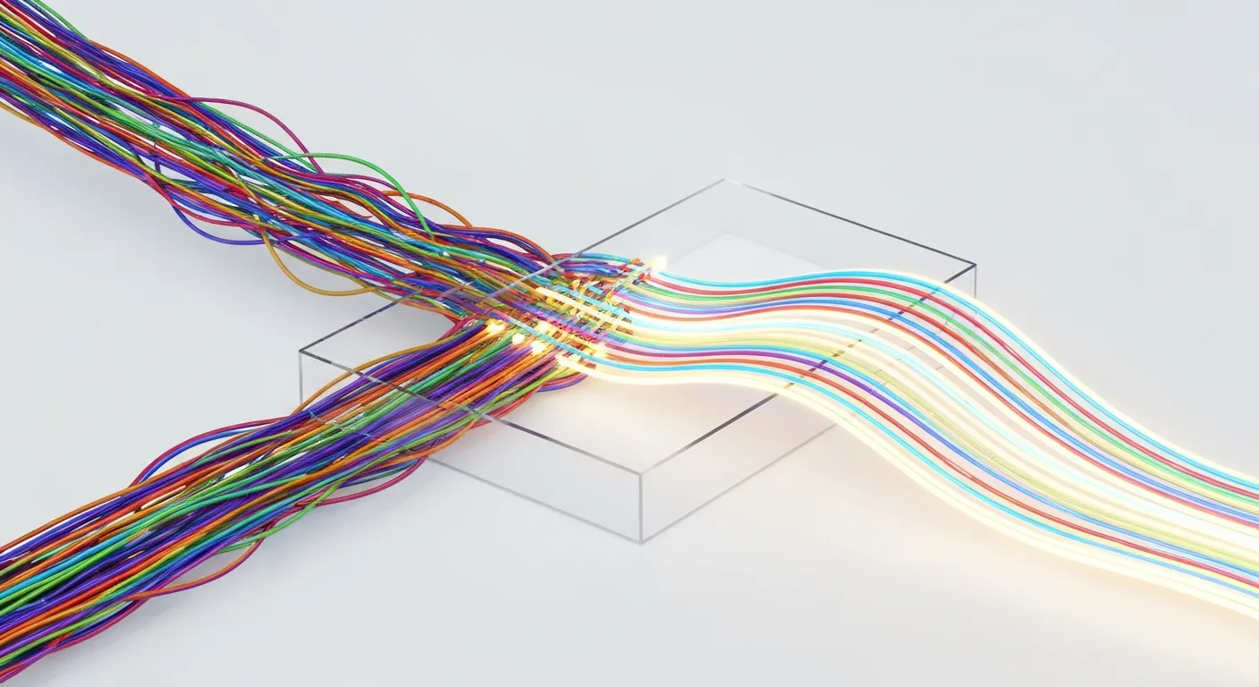 Abstrakcyjna wizualizacja danych pokazująca wiele chaotycznych ścieżek wchodzących do centralnego procesora z etykietą 'Workflow', a wychodzących jako proste, równoległe i wydajne strumienie, co ilustruje optymalizację i wzrost produktywności.