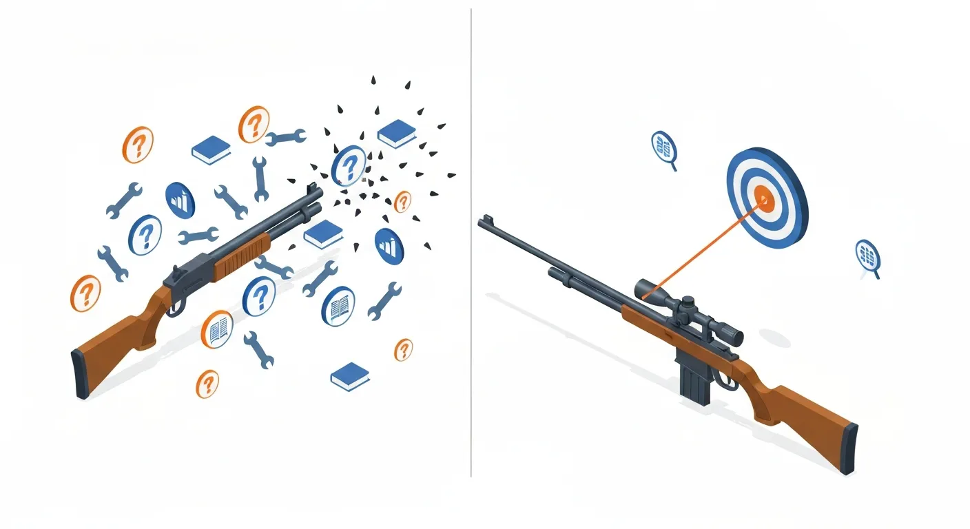An isometric illustration comparing a targeted ad campaign with an untargeted one. On the left, a wide-nozzle hose sprays water chaotically, hitting random targets and missing the main one. On the right, a precision laser beam is perfectly aimed, hitting a bullseye on a specific target, representing a focused campaign using negative keywords.