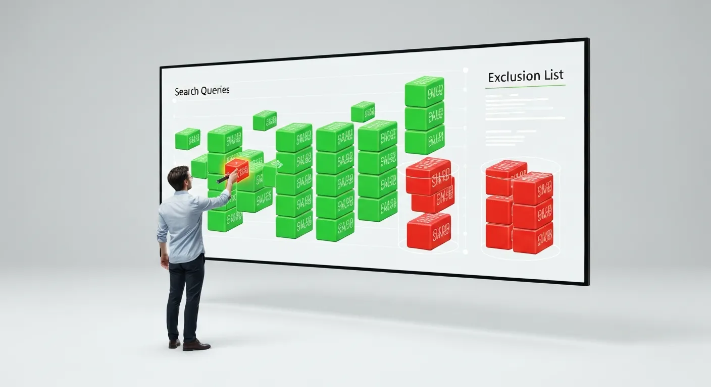 An abstract visualization of a digital marketer analyzing a search terms report. A person stands before a floating holographic interface, using a digital magnifying glass to inspect a stream of data cubes. They are sorting the cubes, moving glowing red cubes labeled with words like 'free' and 'jobs' into a 'filter' container, while allowing the green 'customer' cubes to pass through.