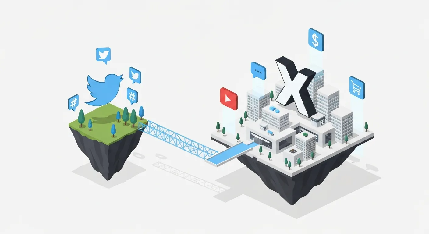 An isometric illustration showing the evolution from Twitter, a simple communication tool, to X, a complex 'everything app'. On the left, a small island with the old blue bird logo and tweet icons. On the right, a larger, interconnected futuristic city under the 'X' logo, with buildings representing finance, e-commerce, and media.