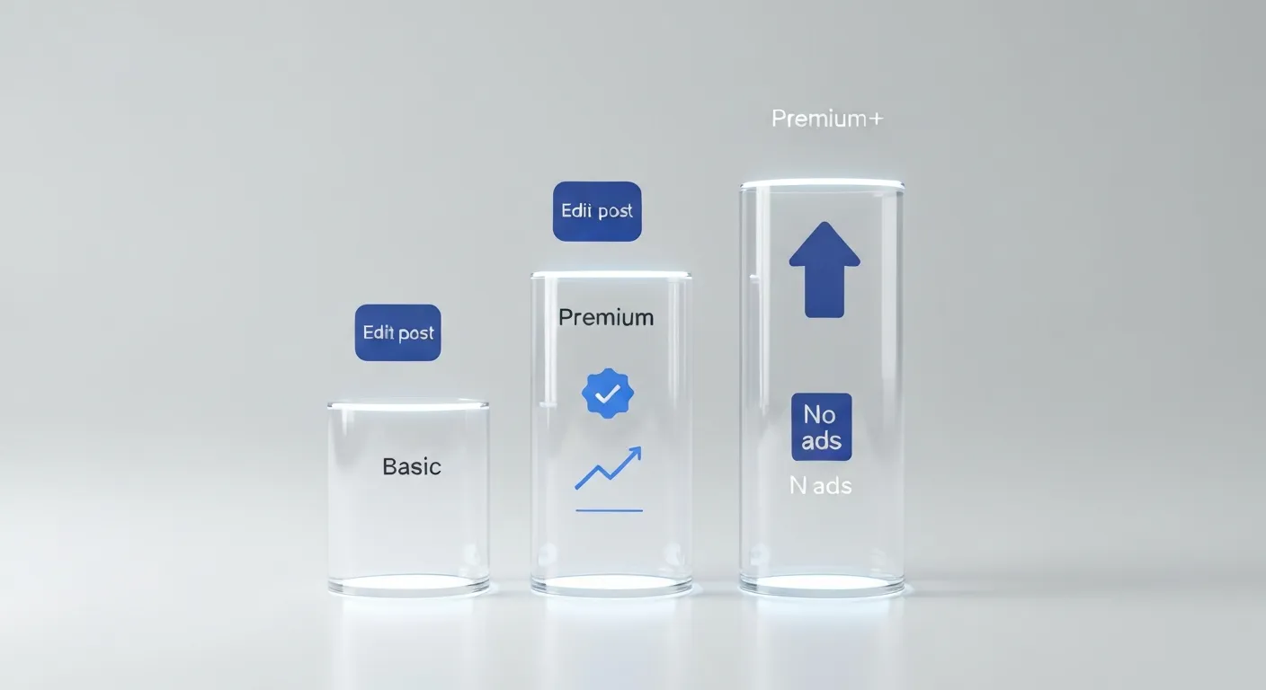 A conceptual visualization of the X Premium subscription tiers. Three vertical glowing bars labeled Basic, Premium, and Premium+, each progressively taller and brighter, showing the increasing benefits like verification badges, algorithmic boosts, and ad removal.