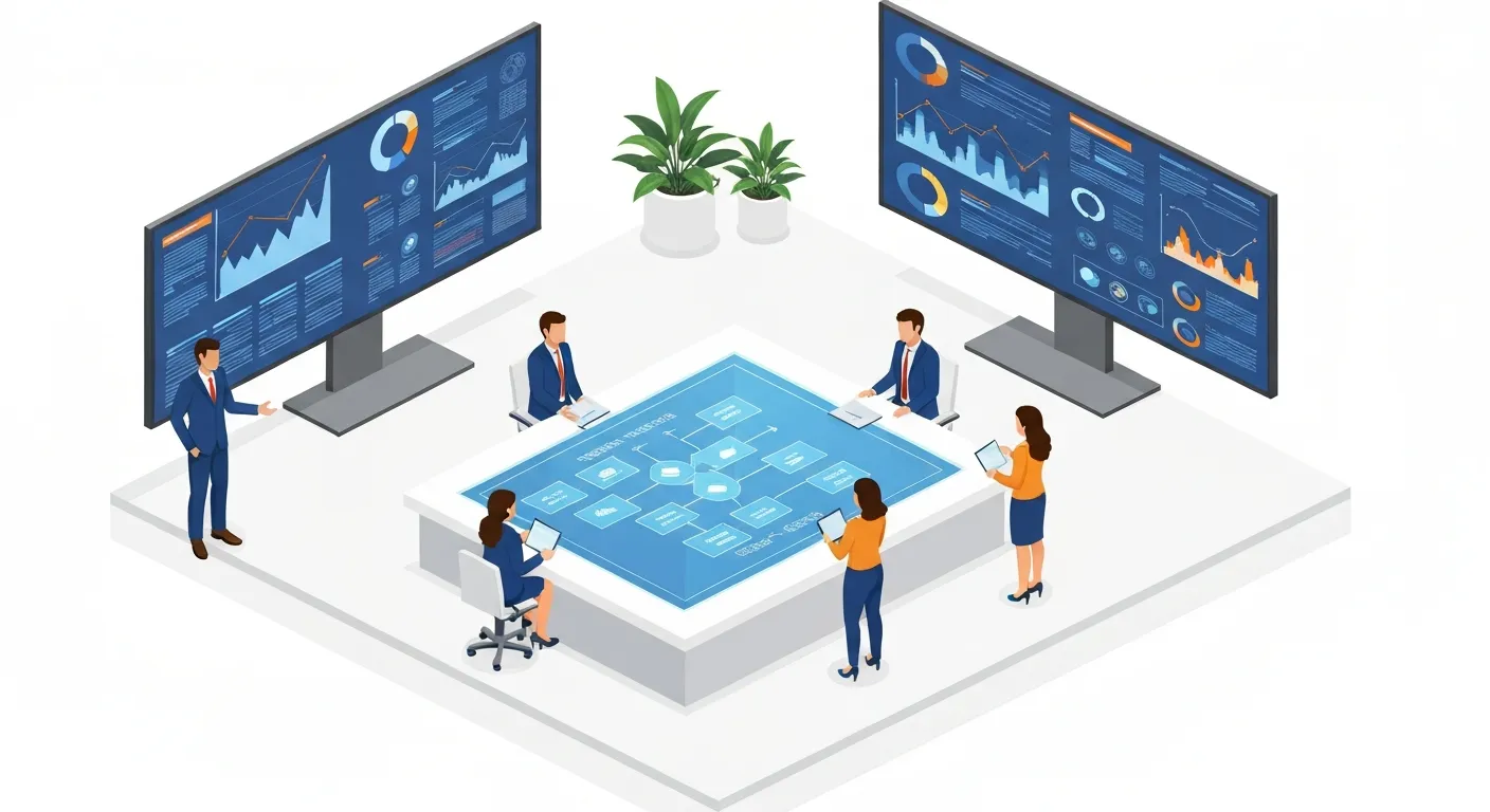 Ilustracja izometryczna przedstawiająca zespół zarządzania kryzysowego pracujący w nowoczesnym centrum dowodzenia. Analizują oni dane na dużych ekranach pokazujących analizę sentymentu w social media i budują strategiczny plan obrony, co symbolizuje fazę przygotowań przedkryzysowych.