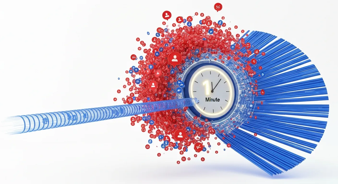 Wizualizacja 'złotej godziny' w zarządzaniu kryzysowym. Duży, wyraźny zegar pokazuje pierwsze 60 minut, a wokół niego burza chaotycznych powiadomień z mediów społecznościowych jest uspokajana i organizowana przez skupioną, strategiczną interwencję, reprezentowaną przez uporządkowane strumienie danych.