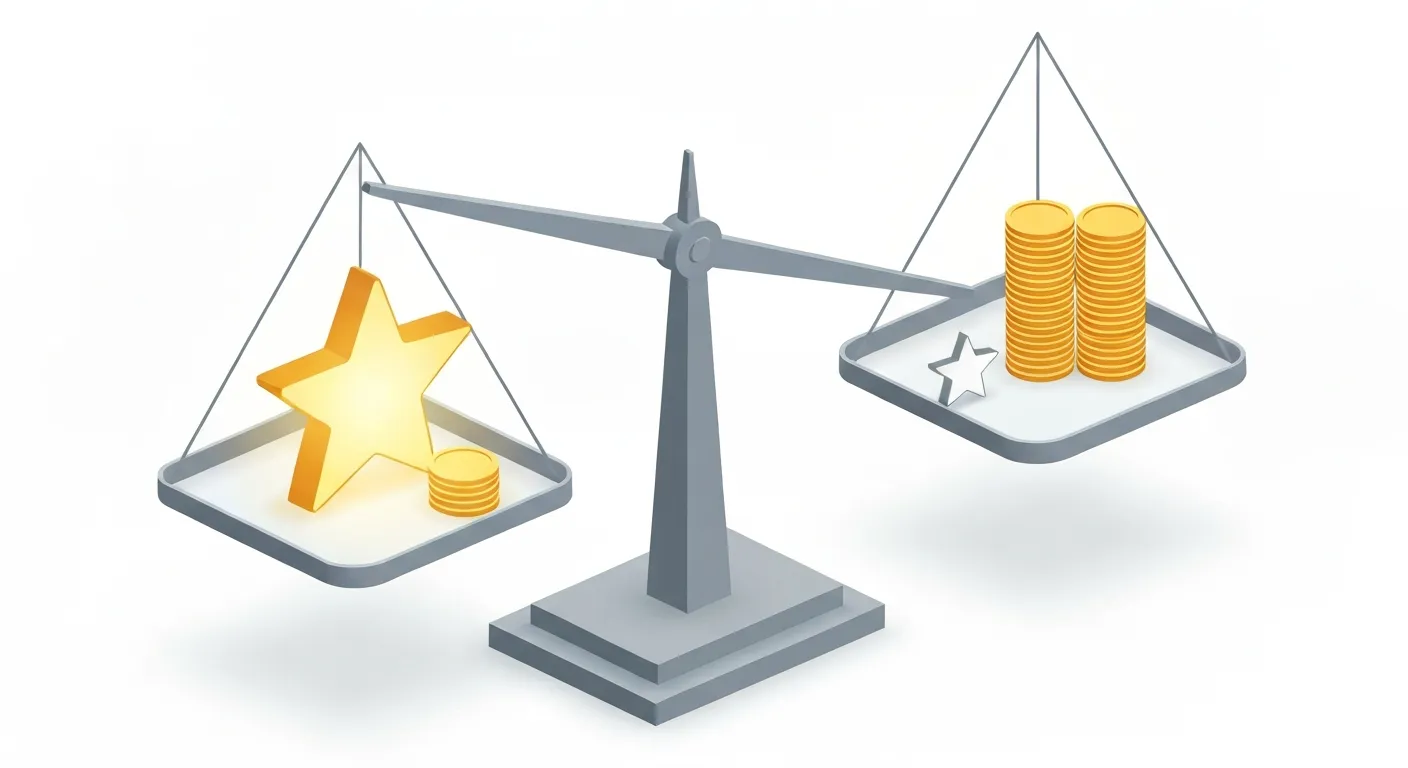 Ilustracja wyjaśniająca działanie Ad Rank. Waga szalkowa, na której niska stawka (mało monet) połączona z wysokim Wynikiem Jakości (duża gwiazda) przeważa nad wysoką stawką (dużo monet) z niskim Wynikiem Jakości, podkreślając znaczenie jakości reklamy.