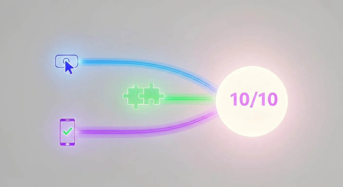 Infografika przedstawiająca trzy kluczowe komponenty Wyniku Jakości: Przewidywany CTR (ikona kliknięcia), Trafność Reklamy (ikona puzzla) oraz Jakość Strony Docelowej (ikona smartfona), które łączą się w jedną, wysoką ocenę.