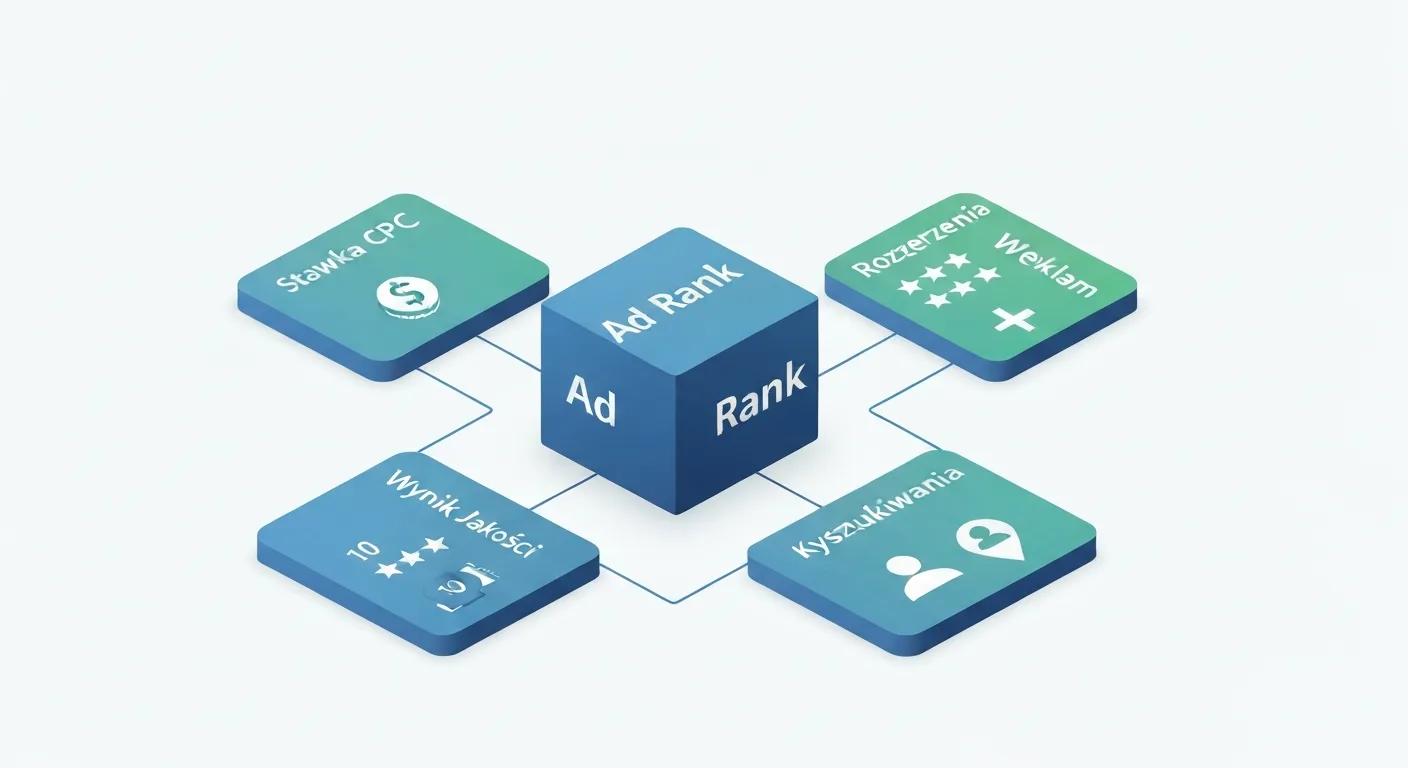 Izometryczna ilustracja przedstawiająca kluczowe składniki tworzące Ad Rank. Centralny blok z napisem 'Ad Rank' jest połączony z mniejszymi blokami: 'Stawka CPC' (z ikoną monety), 'Wynik Jakości' (z ikoną gwiazdek), 'Rozszerzenia' (z ikoną plusa) oraz 'Kontekst Użytkownika' (z ikoną osoby).