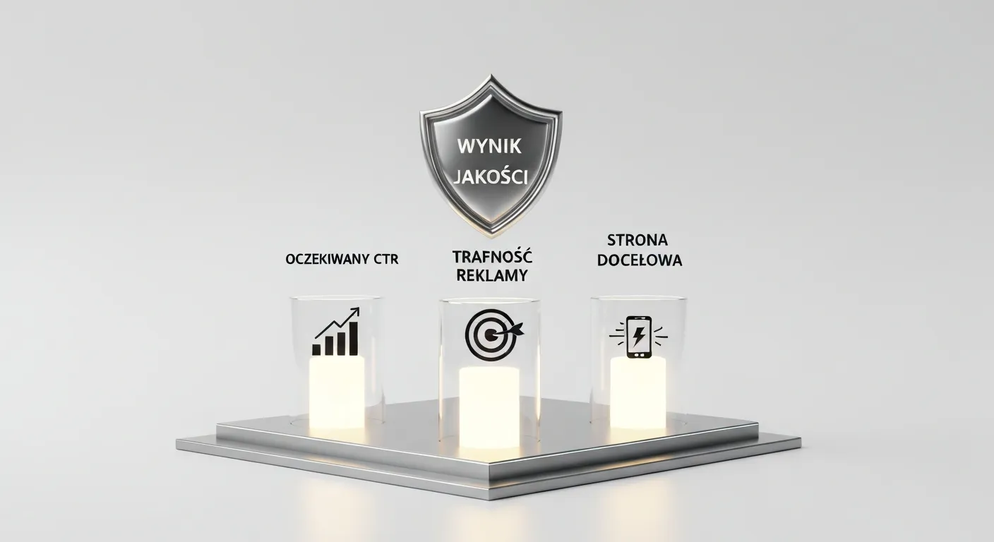 Grafika przedstawiająca trzy filary Wyniku Jakości w Google Ads. Trzy solidne kolumny z etykietami 'Oczekiwany CTR', 'Trafność Reklamy' i 'Jakość Strony Docelowej' podtrzymują wielką, złotą gwiazdę z napisem 'Quality Score'.