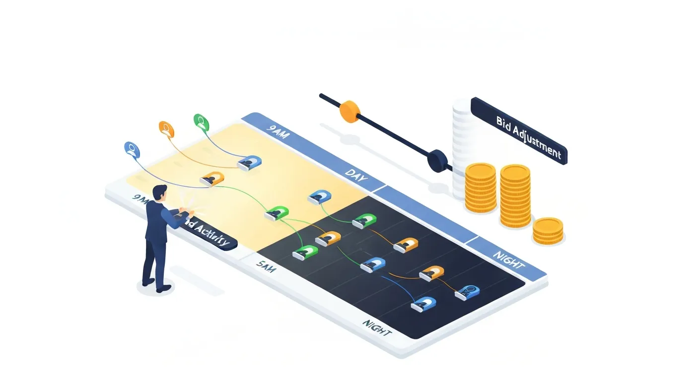 An isometric illustration of a marketing control panel showing a 24-hour timeline. A marketer character is shown flipping a switch to activate ads only during specific, brightly lit time blocks, while the 'off-hours' remain dark, visually explaining the on/off mechanism of ad scheduling.