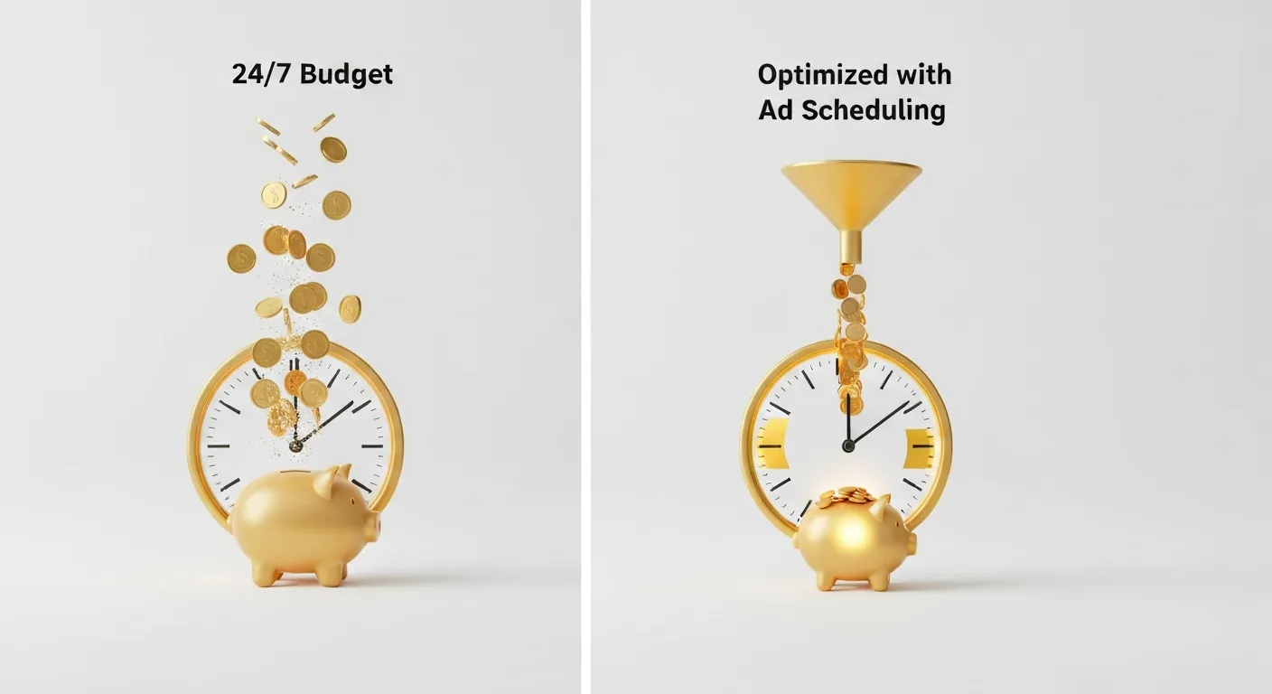 A conceptual data visualization comparing two budget strategies. On the left, coins representing an unoptimized 24/7 ad spend are spilling and being wasted. On the right, a funnel precisely directs coins into a full piggy bank during 'golden hours' highlighted on a clock, demonstrating maximized ROI through ad scheduling.