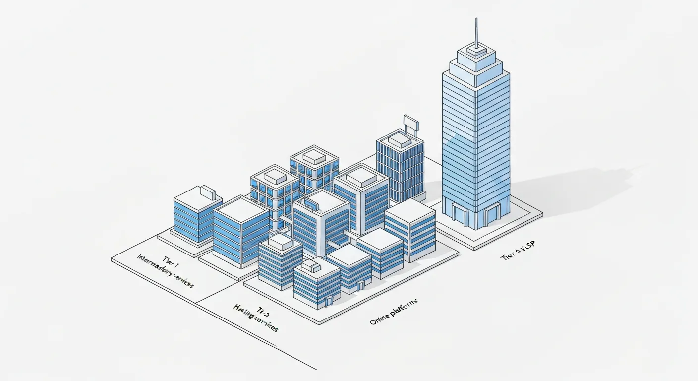Izometryczna ilustracja przedstawiająca cztery poziomy firm objętych przez Akt o usługach cyfrowych (DSA), od małych budynków dla dostawców usług pośrednich po ogromny wieżowiec dla bardzo dużych platform internetowych (VLOPs).