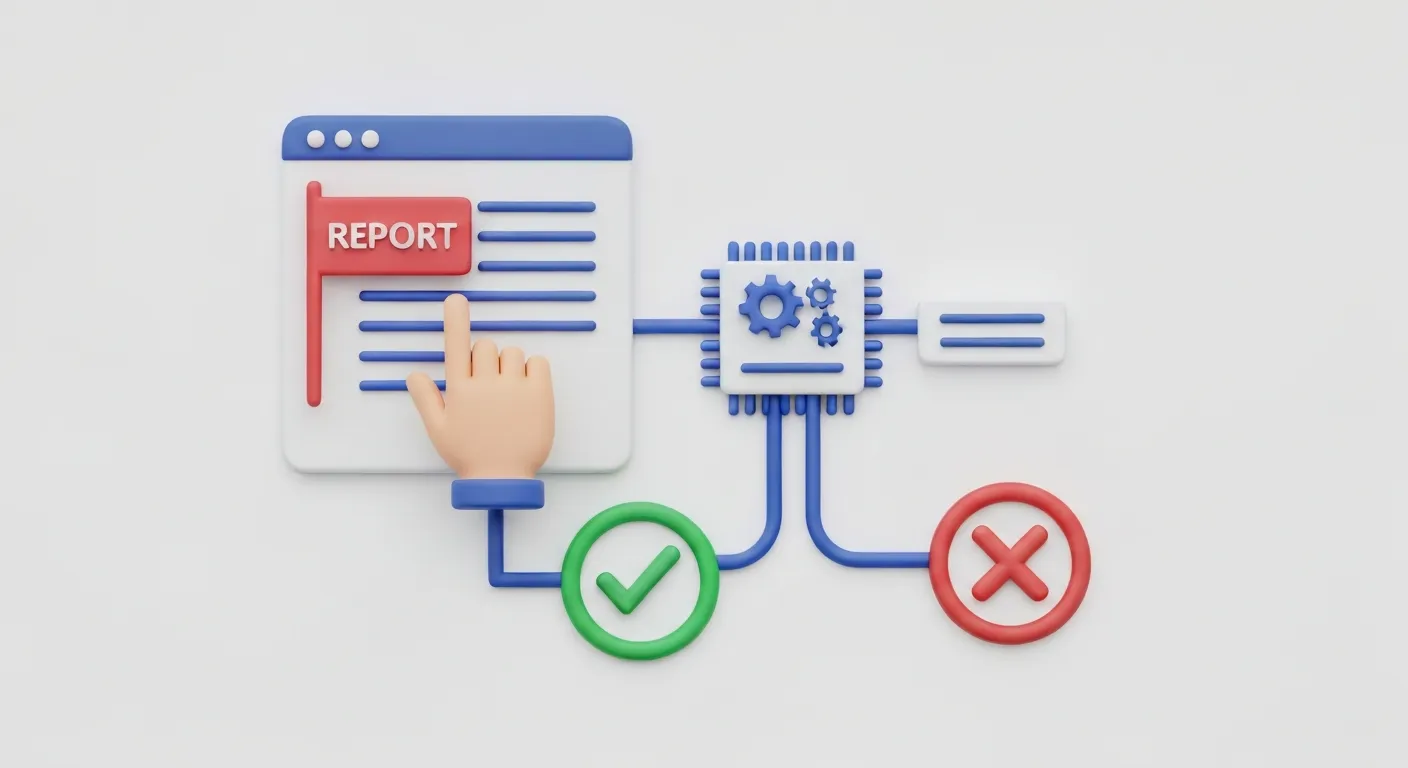 Abstrakcyjna wizualizacja danych przedstawiająca mechanizm 'zgłoś i działaj' z Aktu o usługach cyfrowych. Ikona użytkownika zgłasza treść, co inicjuje proces moderacji prowadzący do usunięcia nielegalnych treści.