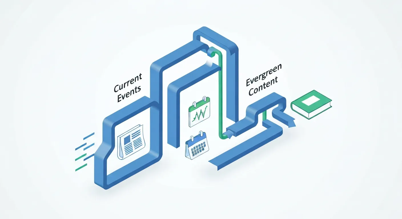 An isometric illustration showing the types of queries favored by the Freshness algorithm, with separate data streams for 'Breaking News', 'Recurring Events', and 'Frequent Updates' being prioritized and elevated over timeless 'Evergreen' content.
