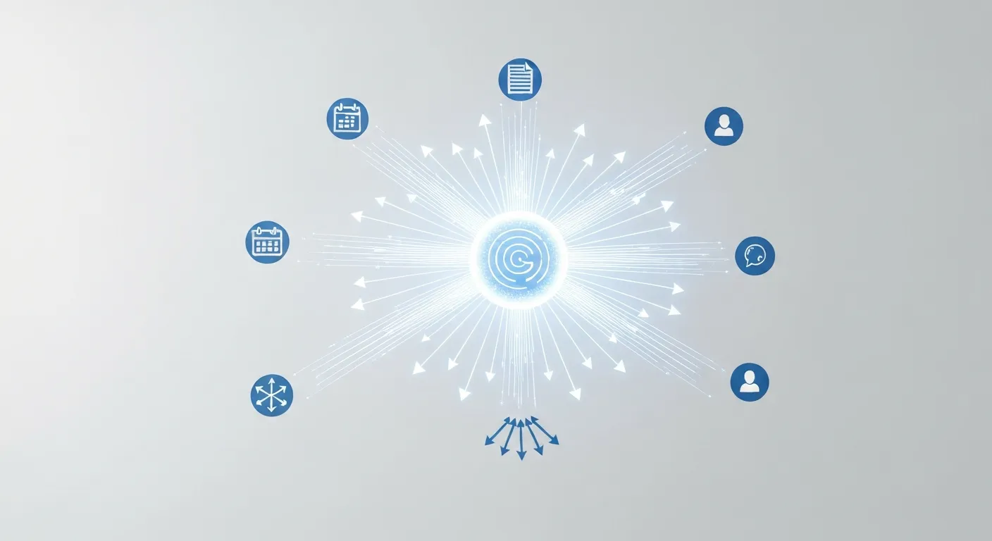 An abstract data visualization of the key signals Google's algorithm analyzes for content freshness, including publication date, content changes, link velocity, and social engagement, all feeding into a central processing unit.