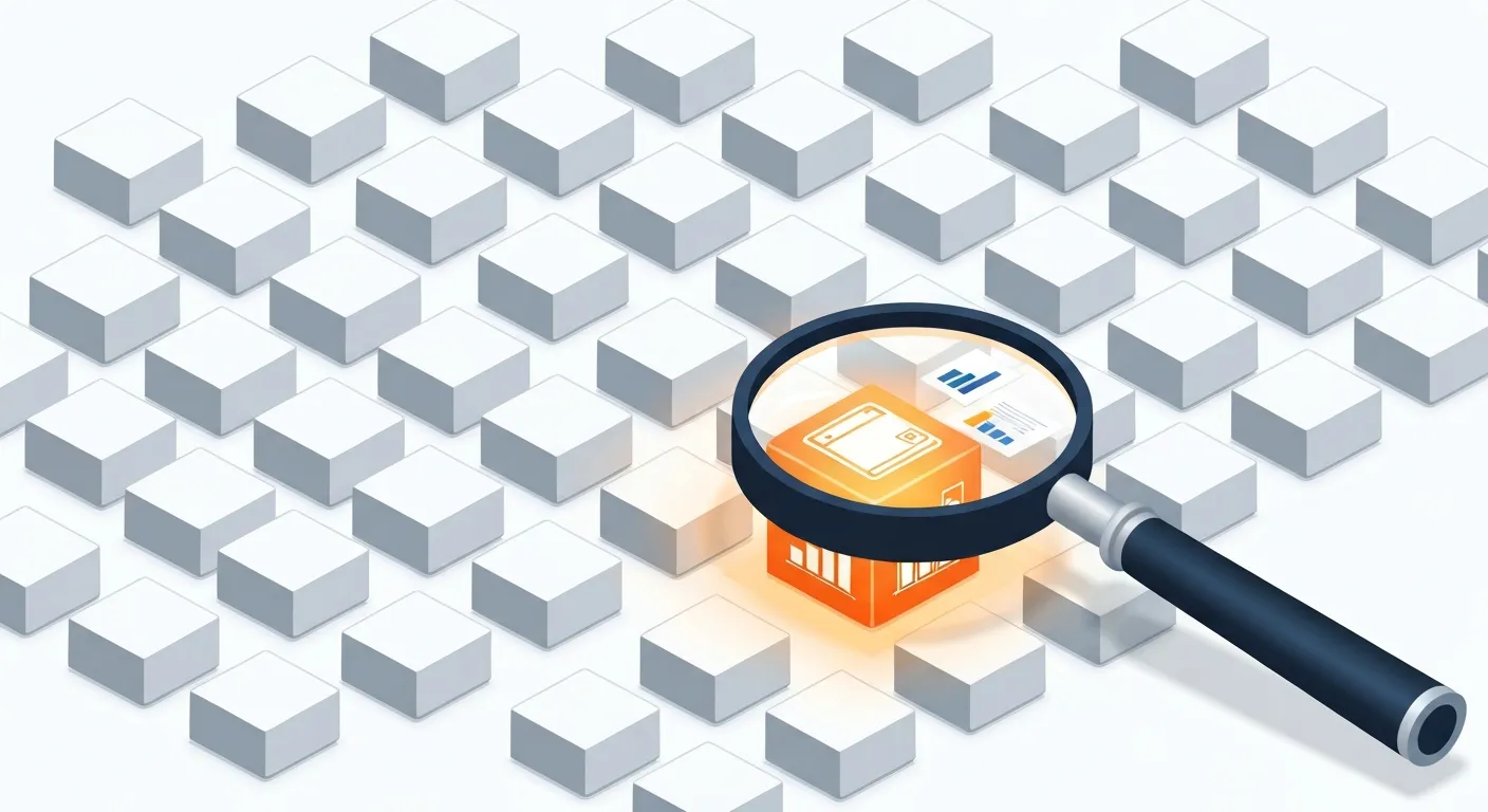 An isometric illustration showing a magnifying glass powered by data revealing a profitable market niche among many other products, symbolizing market and trend analysis.