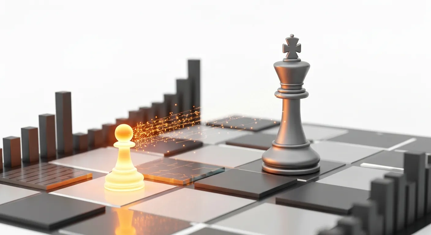 An abstract visualization of competitor analysis on a digital chessboard, where a small piece uses data to outmaneuver a larger opponent, representing strategic advantage.