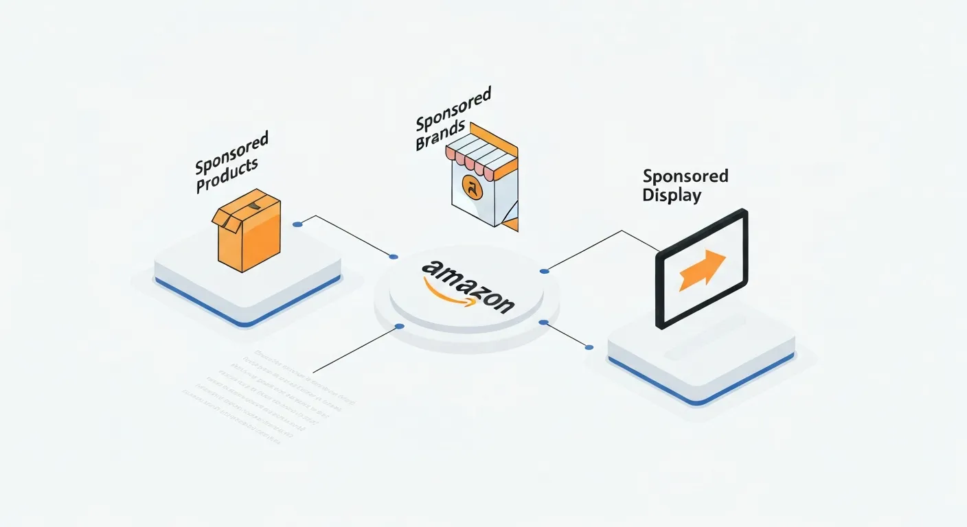 Izometryczna ilustracja wyjaśniająca ekosystem Amazon Ads, pokazująca trzy główne typy kampanii – Sponsored Products, Sponsored Brands i Sponsored Display – jako połączone ze sobą elementy większej strategii marketingowej.