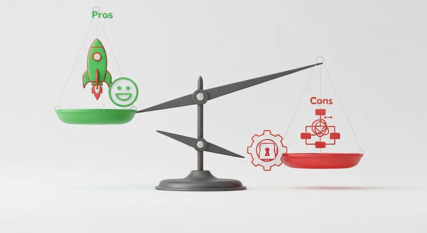 Wizualizacja zalet i wad technologii AMP przedstawiona na szali wagi. Po stronie zalet znajduje się ikona rakiety (szybkość) i zadowolonego użytkownika (UX). Po stronie wad widać ikonę kłódki na elemencie strony (ograniczenia) oraz skomplikowany schemat (złożoność wdrożenia).