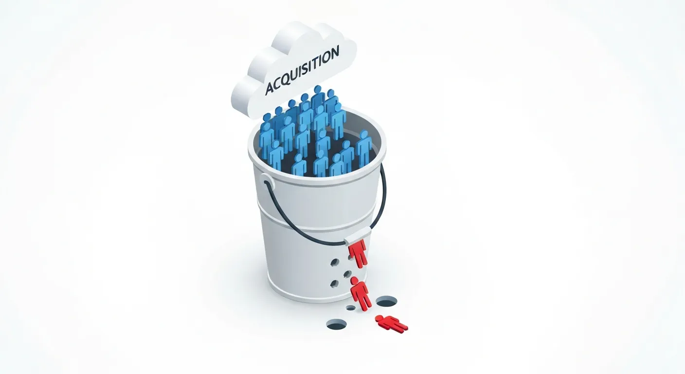 An isometric illustration of the 'leaky bucket' problem in business. New customers, represented by blue figures, are being poured into a large bucket, while existing customers, as red figures, are leaking out through holes, visually explaining the concept of high churn.