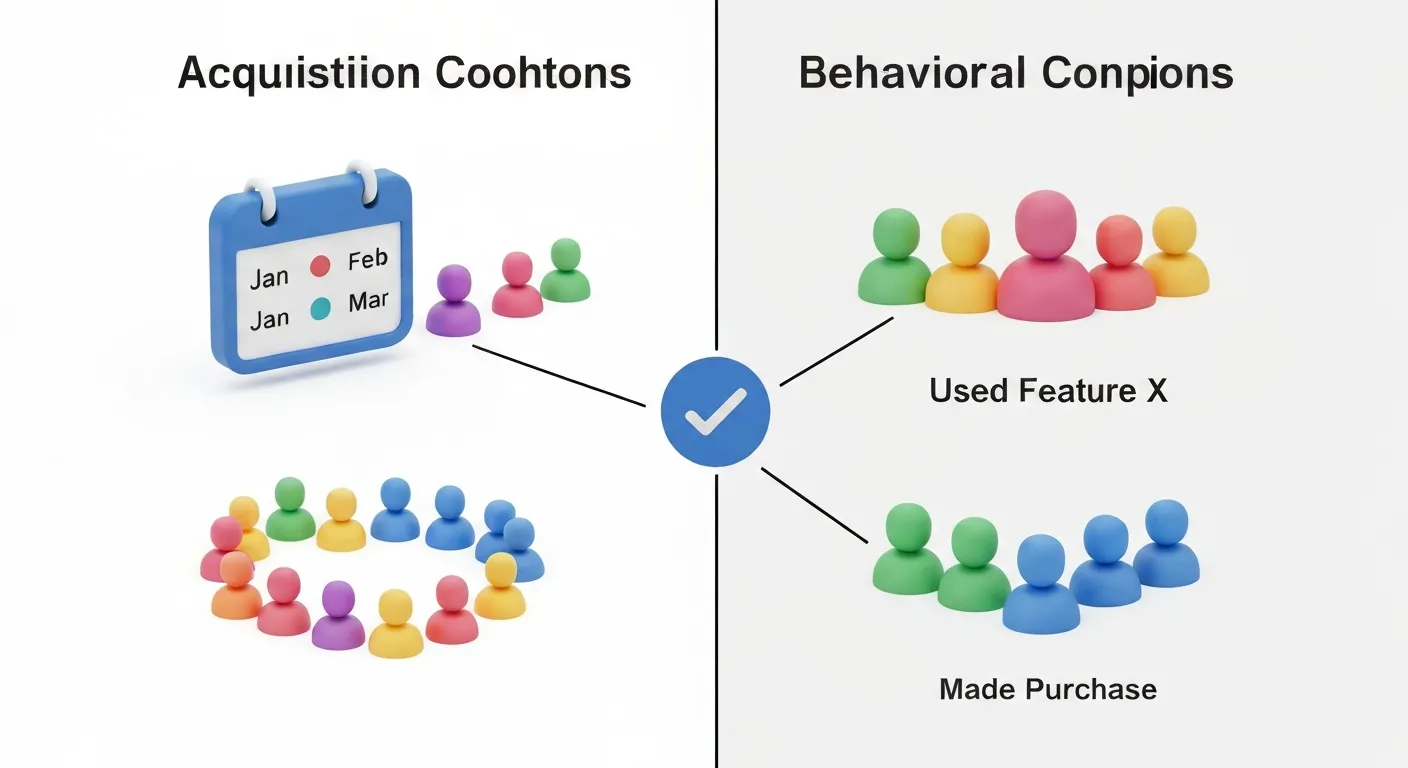An abstract visualization showing different types of user cohorts. On one side, groups are formed by a calendar icon (acquisition cohorts), and on the other, by an action icon like a star or checkmark (behavioral cohorts), illustrating the two main methods of user segmentation.