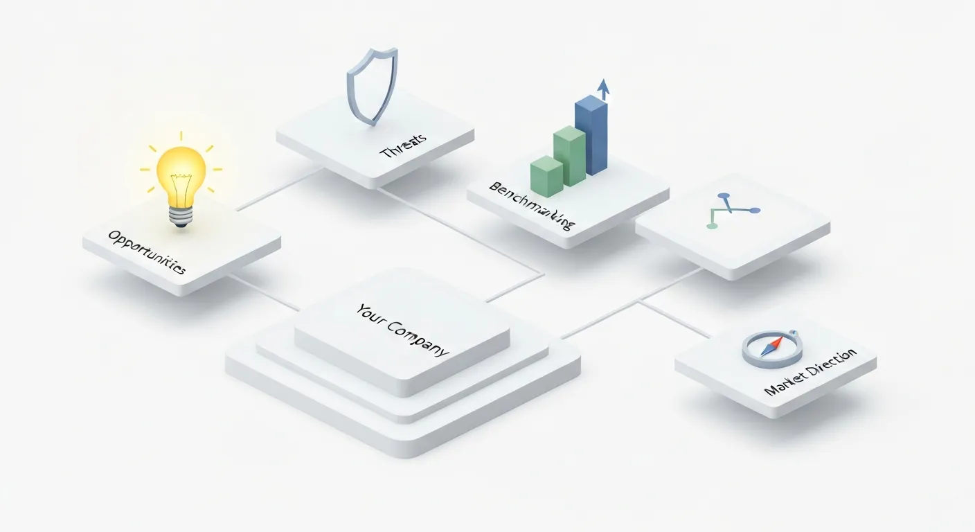 Izometryczna ilustracja pokazująca, jak analiza konkurencji działa jak kompas dla firmy, wskazując na szanse, zagrożenia, dane rynkowe i możliwości benchmarkingu.