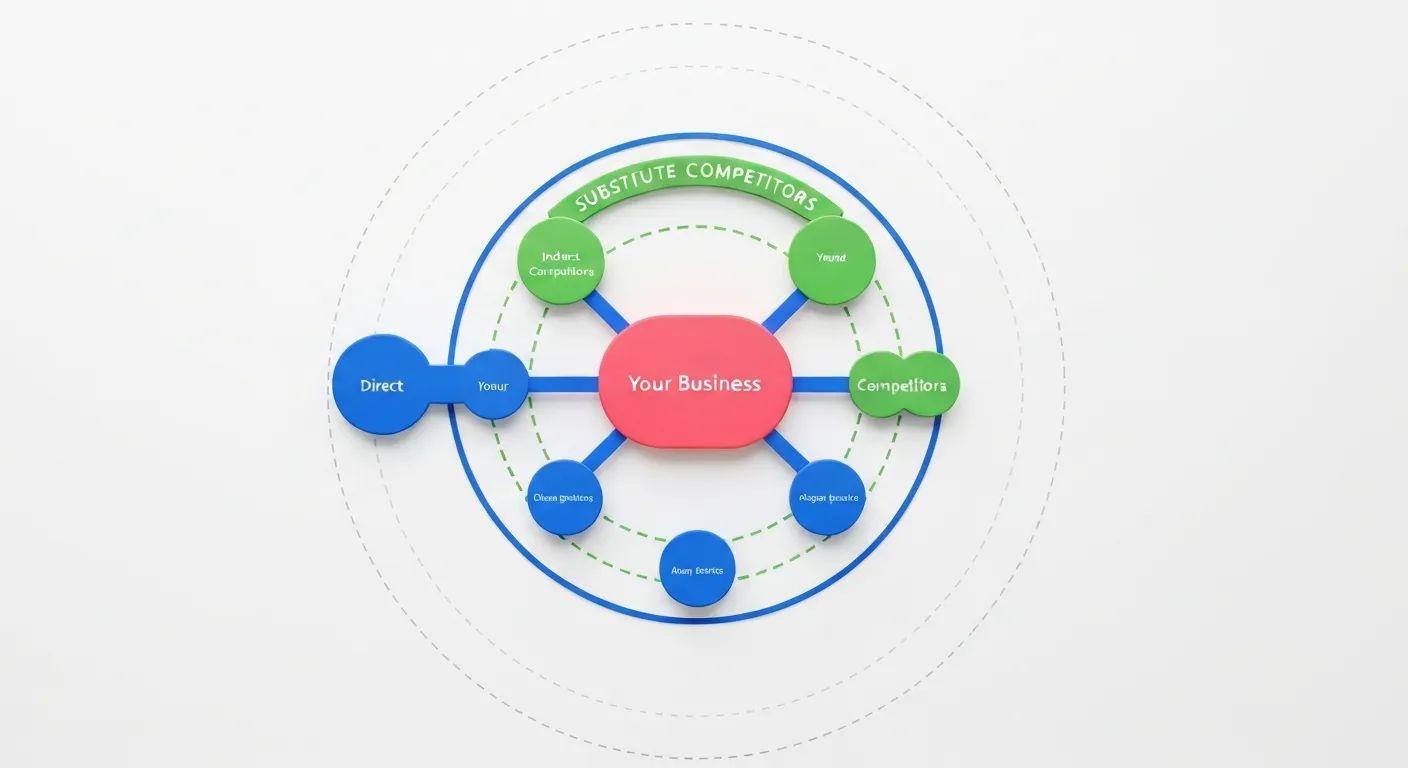 Wizualizacja danych pokazująca trzy kręgi konkurencji wokół firmy: w centrum konkurencja bezpośrednia, dalej pośrednia, a na zewnątrz substytucyjna.