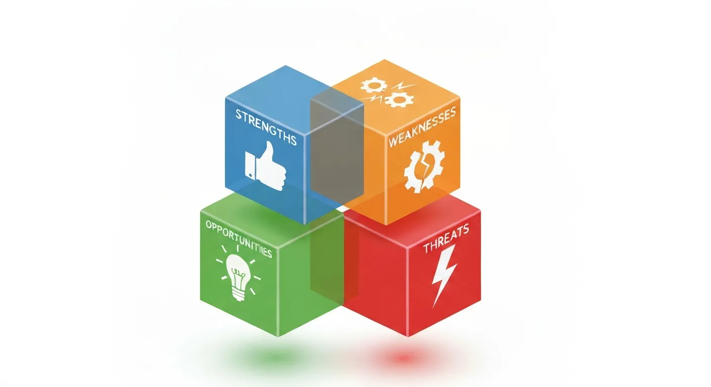 A clear 3D isometric illustration of the SWOT analysis matrix, visually separating the four quadrants: Strengths, Weaknesses, Opportunities, and Threats on a clean white background.