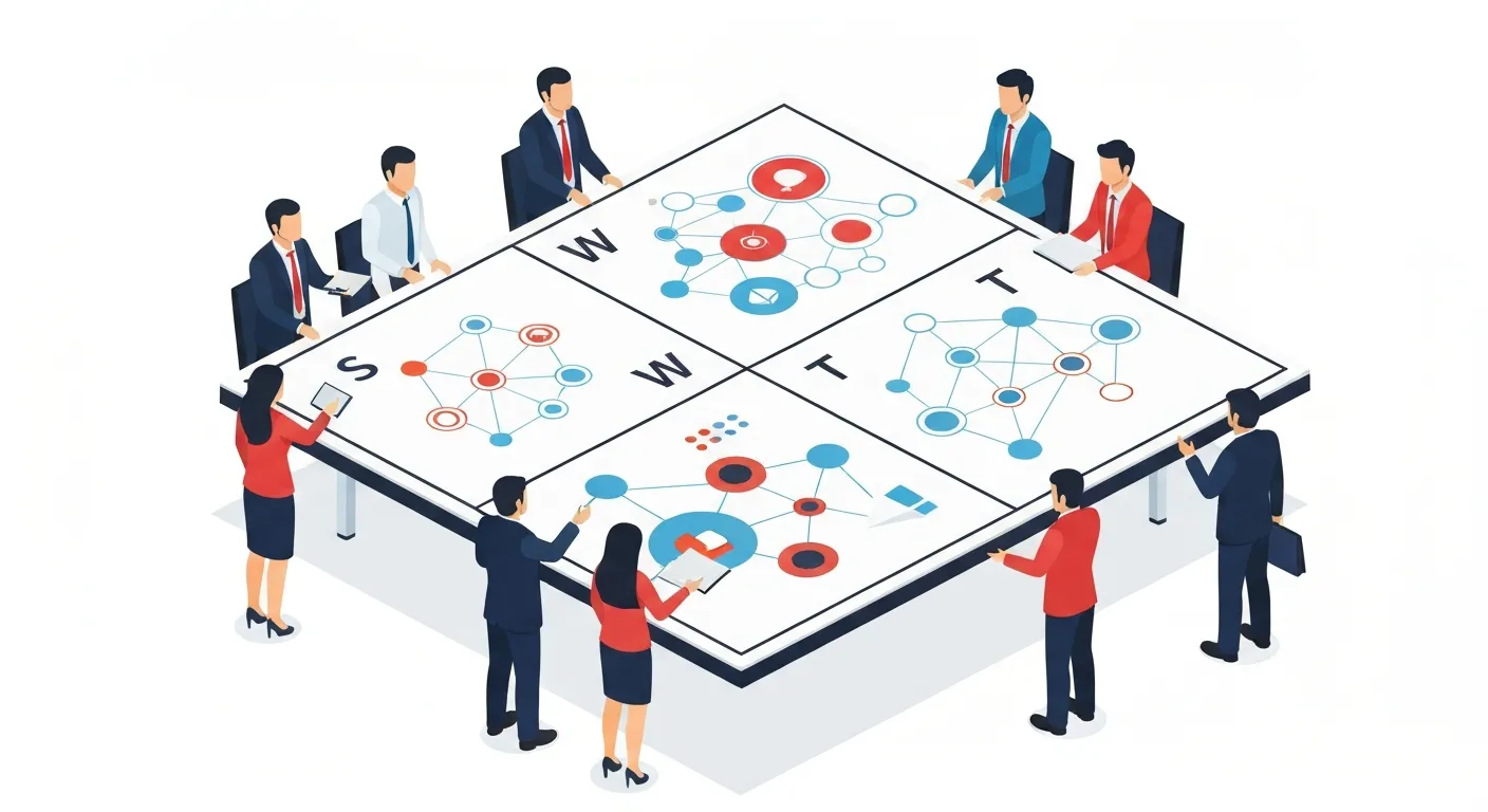 An illustration of a diverse team of professionals collaborating on a large SWOT analysis board during a brainstorming session, representing strategic planning and teamwork.