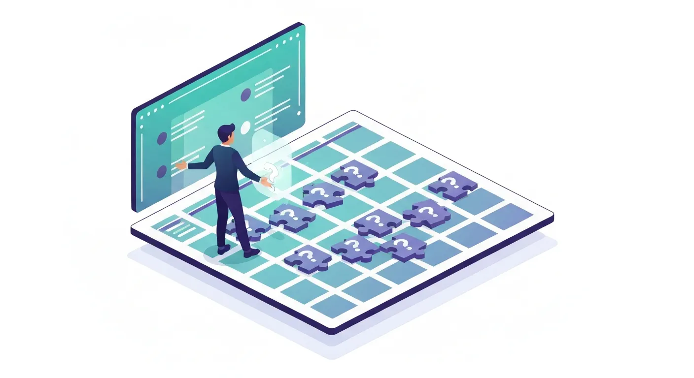 An illustration showing a marketing team turning abstract data insights from a search tool into a structured content calendar, symbolizing the strategic application of user research.