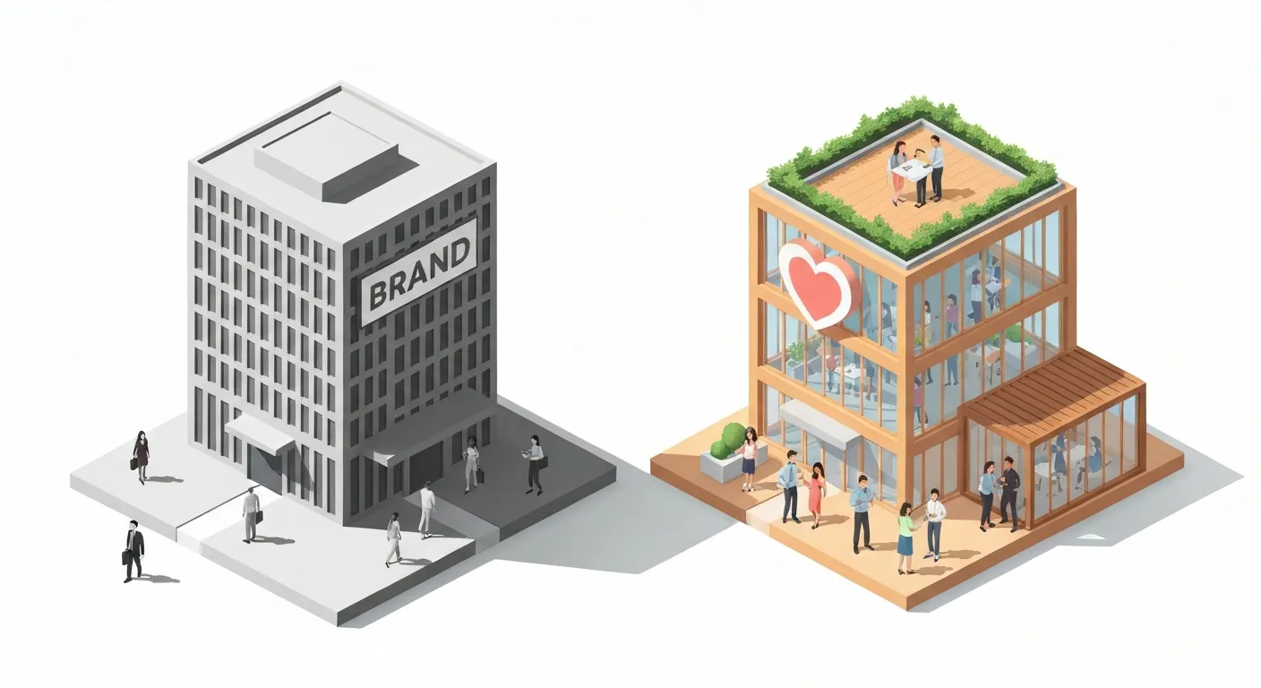 An isometric illustration showing the contrast between a generic brand and a brand with a clear archetype. One side shows a bland, grey building with a few uninterested customers, while the other side shows a vibrant, welcoming building (embodying the Caregiver archetype) with many happy, loyal customers interacting with it.