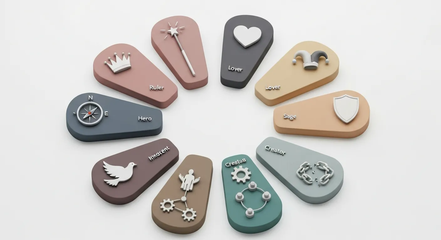 A modern, circular infographic displaying the 12 brand archetypes. Each segment of the wheel contains a sleek, minimalist icon representing an archetype, such as a crown for the Ruler, a compass for the Explorer, and a heart for the Lover. The chart is clean and easy to read.