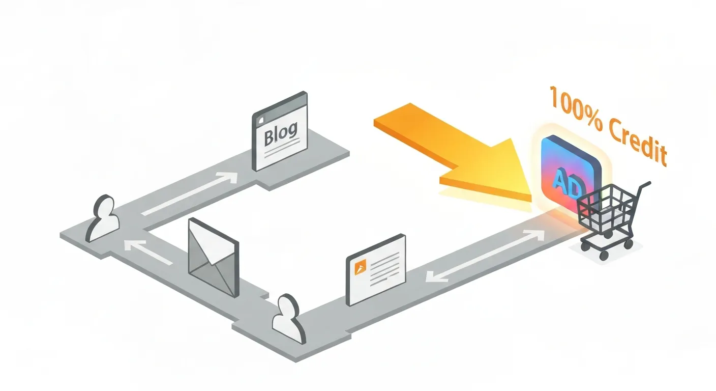 Izometryczna ilustracja przedstawiająca krętą ścieżkę klienta z różnymi punktami styku, takimi jak media społecznościowe, e-mail i blog. Ogromna strzałka przypisuje 100% zasługi tylko ostatniemu krokowi – reklamie produktowej – ignorując wszystkie wcześniejsze interakcje, co wizualizuje wadę modelu atrybucji ostatniego kliknięcia.
