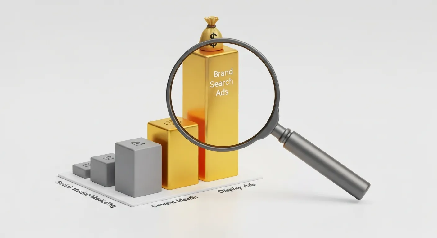 Abstrakcyjna wizualizacja danych przedstawiająca mylący wykres słupkowy, gdzie kanały z dołu lejka są sztucznie zawyżone, a kanały budujące świadomość są niedoceniane, co ilustruje jak atrybucja ostatniego kliknięcia prowadzi do błędnych decyzji budżetowych.