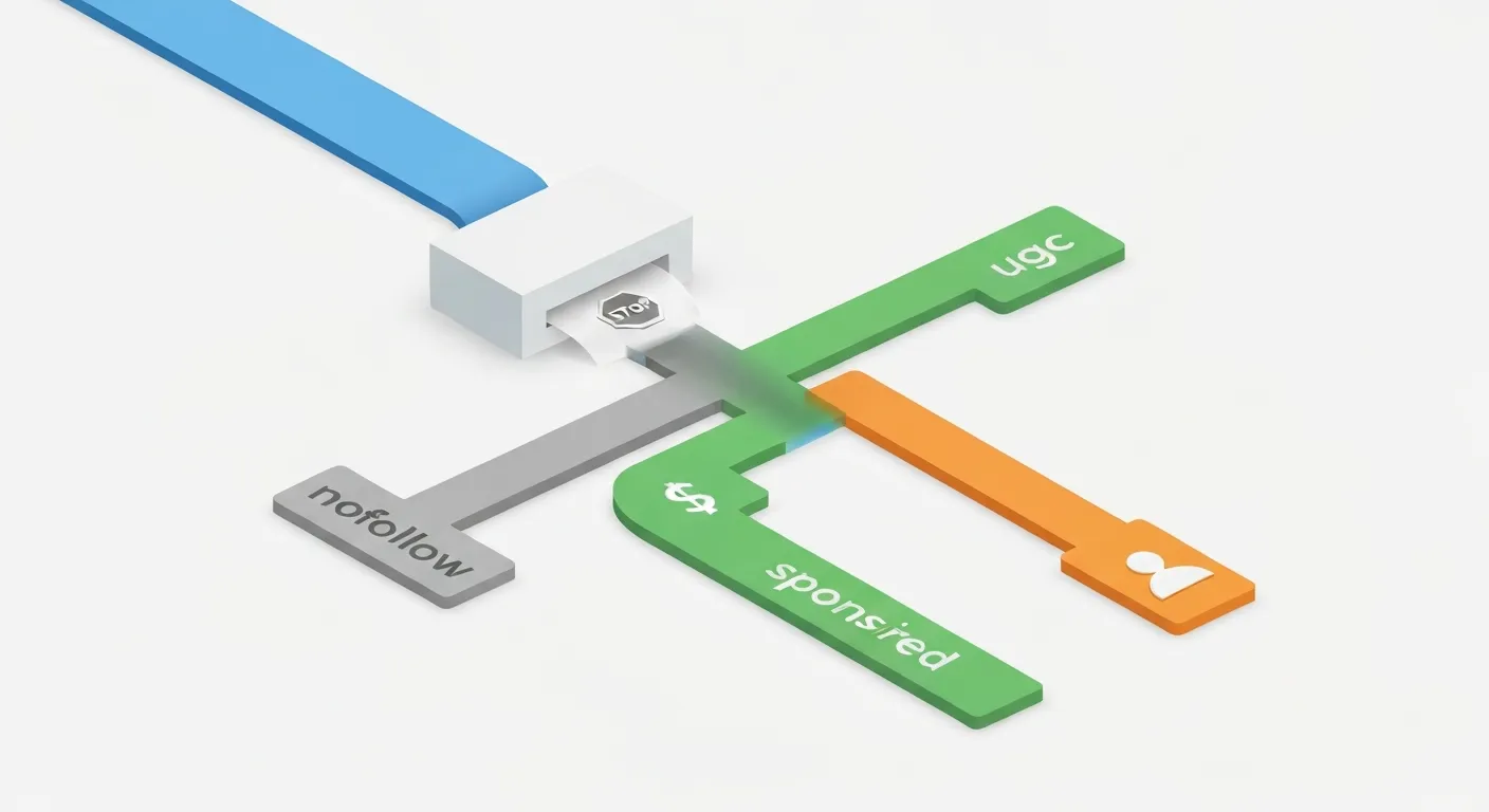 An isometric diagram explaining the evolution of the 'nofollow' attribute. A central data stream representing a link flows into a sorting block and splits into three distinct, color-coded channels labeled 'nofollow', 'sponsored', and 'ugc', each with a corresponding icon.