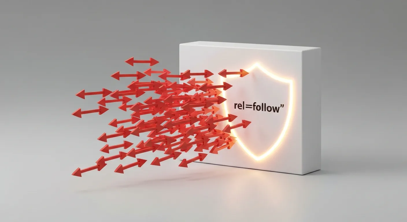 An abstract illustration depicting the original purpose of the nofollow attribute. A clean, modern website interface is protected by a large, glowing blue shield with the text 'rel="nofollow"', which deflects a barrage of malicious-looking red arrows labeled 'spam'.