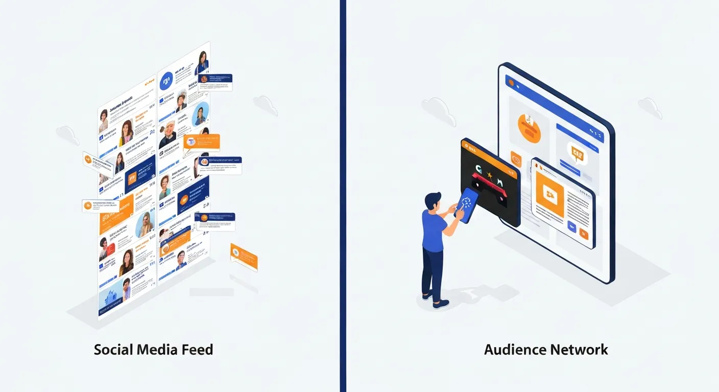 An isometric illustration comparing two advertising environments. On the left, a crowded, competitive social media feed with many ads. On the right, a serene digital landscape representing the Audience Network, where a user engages with ads in different contexts like a mobile game and a news app, showing increased reach with less competition.