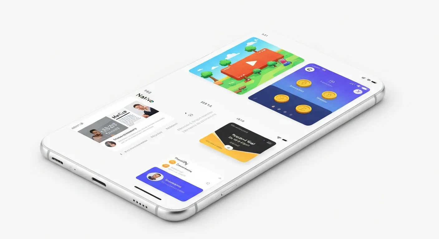 A visual breakdown of different Audience Network ad formats displayed on a smartphone. The image shows examples of a native ad integrated into a news feed, a full-screen interstitial ad between game levels, a rewarded video ad prompt, and a classic banner ad at the bottom of an app.