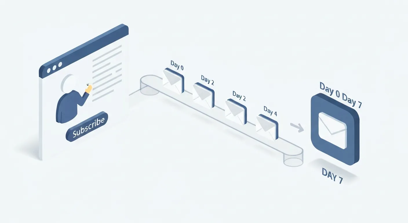 Izometryczna infografika ilustrująca mechanizm działania autorespondera. Akcja użytkownika, taka jak zapisanie się do newslettera, uruchamia (trigger) automatyczną sekwencję zaplanowanych e-maili wysyłanych w określonych odstępach czasu.