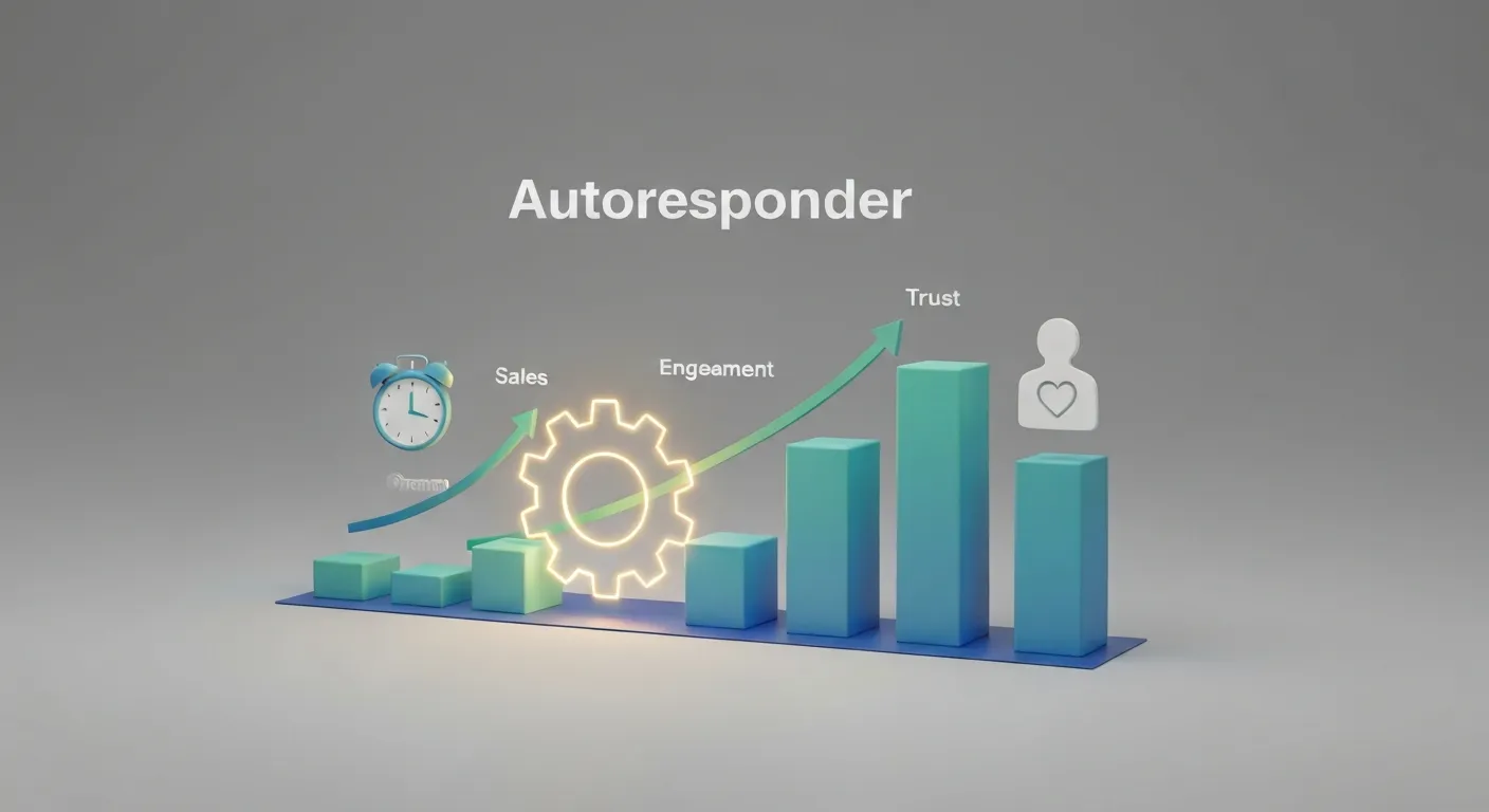 Abstrakcyjna wizualizacja korzyści płynących z używania autorespondera. Rosnące wykresy symbolizujące wzrost sprzedaży i zaangażowania są połączone z ikonami reprezentującymi personalizację, budowanie zaufania i oszczędność czasu.