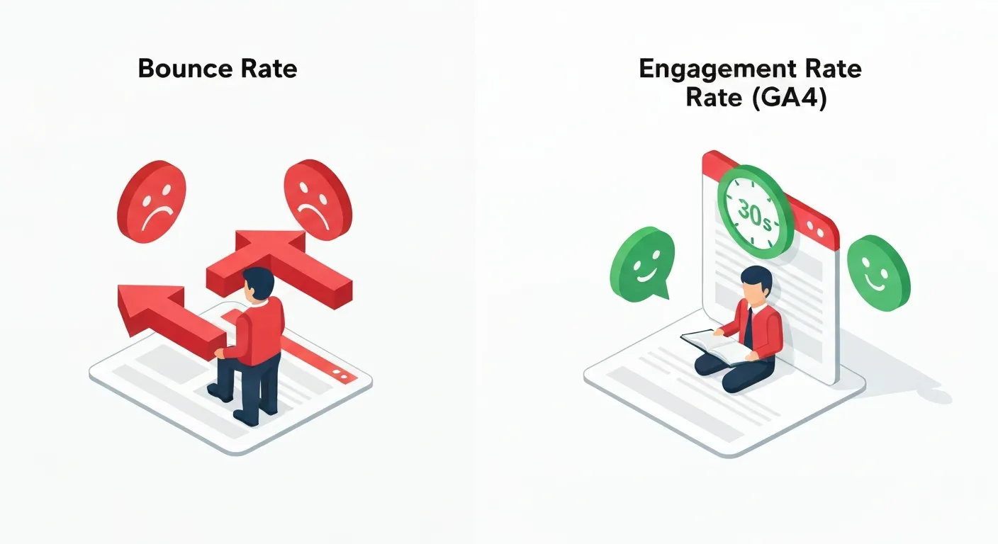 A comparative illustration showing the old 'Bounce Rate' metric versus the new 'Engagement Rate' in GA4. On the left, a user leaves a page immediately, resulting in a bounce. On the right, a user stays to read, which is counted as an 'engaged session'.