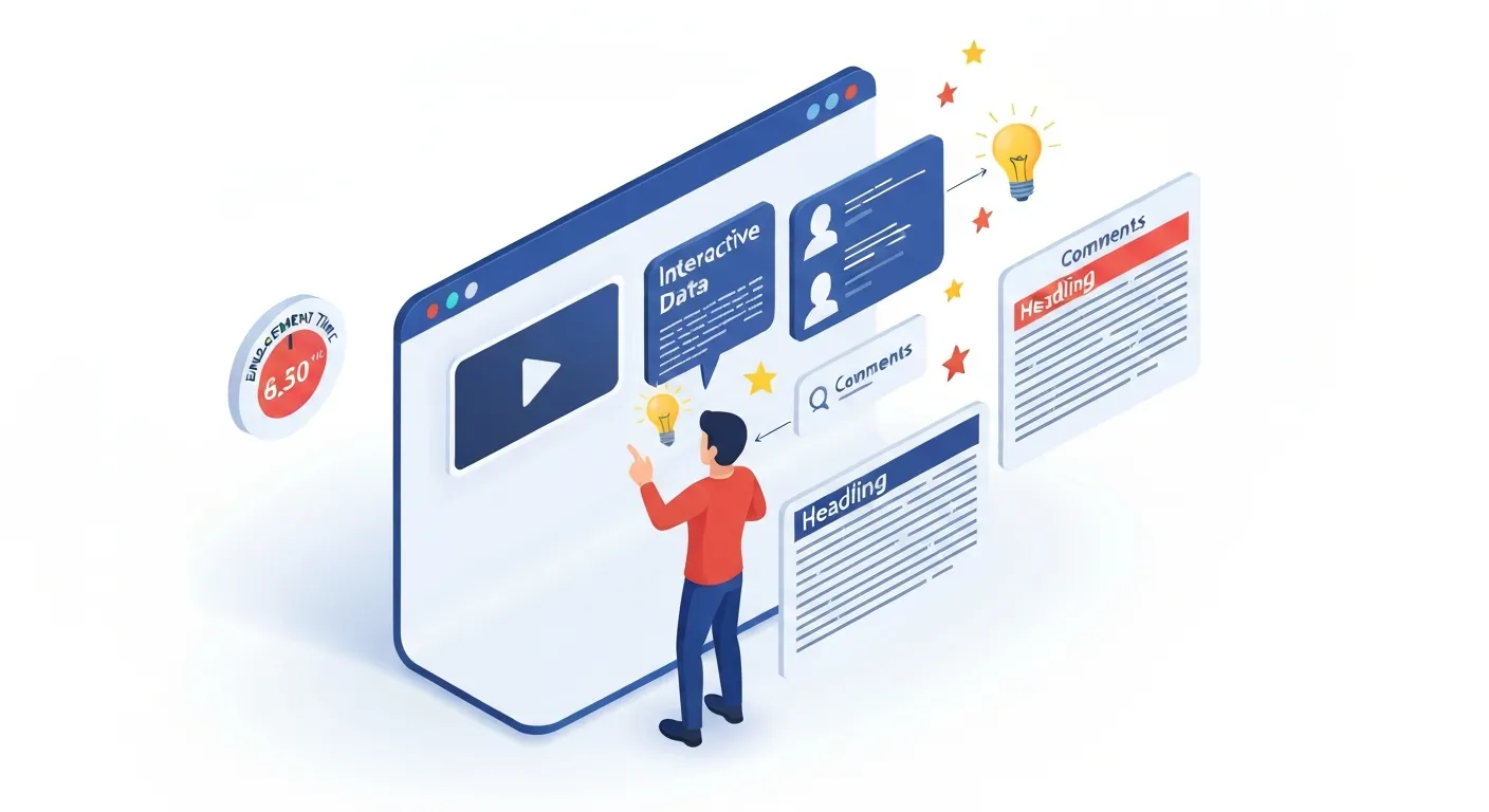 An isometric view of a webpage with rich, engaging '10x content' including video, infographics, and interactive elements. A user is shown actively interacting, illustrating a strategy to increase average engagement time.