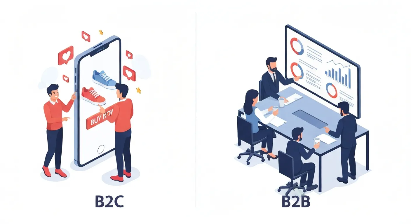 A clear, split-screen comparison of B2C versus B2B decision-making. The B2C side shows a single person impulsively buying a product on their phone, driven by emotion. The B2B side shows a team of professionals in a meeting room, logically analyzing graphs and data before making a purchase decision.