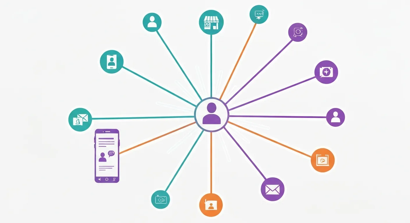 An illustration of an omnichannel marketing strategy. A customer is at the center, surrounded by interconnected icons representing different marketing channels like a physical store, a social media app on a phone, a website on a laptop, and an email. Glowing lines connect all channels, showing a seamless and integrated customer experience.
