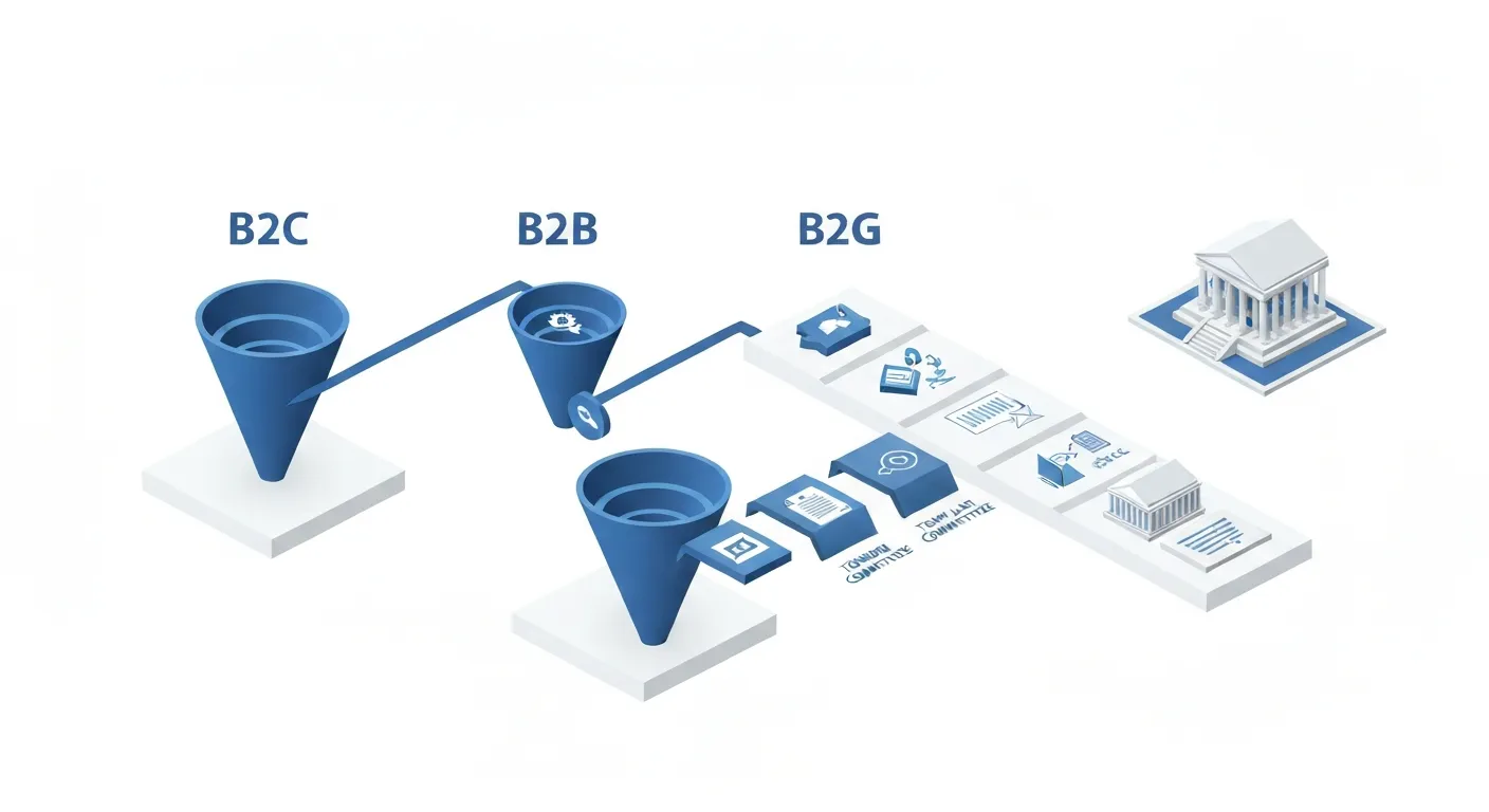 Infografika izometryczna porównująca ścieżki sprzedaży w modelach B2C, B2B i B2G. Ścieżka B2G jest najdłuższa i najbardziej złożona, zawiera ikony dokumentów, paragrafów i komisji, co ilustruje formalne wymogi zamówień publicznych w przeciwieństwie do prostszych procesów B2B i B2C.