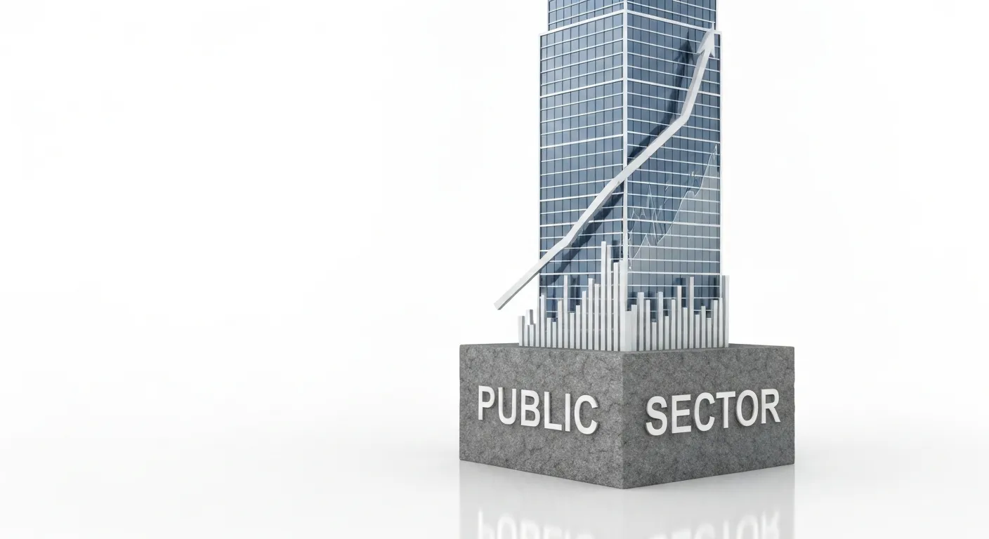 Metaforyczna ilustracja przedstawiająca solidny, stabilny fundament z napisem 'SEKTOR PUBLICZNY', na którym rośnie zdrowa, prężna firma w postaci nowoczesnego budynku. Symbolizuje to, jak kontrakty rządowe zapewniają stabilność finansową i prestiż, będąc podstawą do rozwoju biznesu.