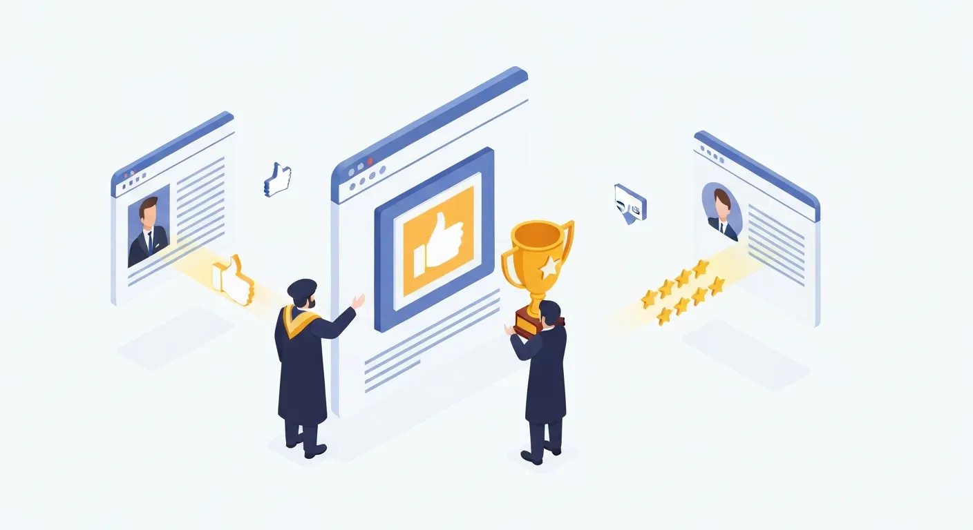 Ilustracja koncepcyjna pokazująca backlink jako 'głos zaufania'. Centralna tarcza z napisem 'Twoja Strona' otrzymuje świecące medale i nagrody od innych, renomowanych stron (symbolizowanych przez ikony uniwersytetu, gazety), co obrazuje jak Google postrzega wartościowe linki zwrotne.