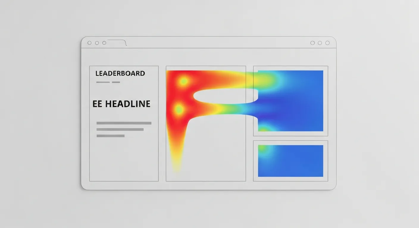 Wizualizacja danych z badania eye-trackingowego. Schemat strony internetowej z nałożoną mapą cieplną, która pokazuje, że wzrok użytkownika skupia się na treści (nagłówki, tekst), tworząc wzór w kształcie litery F, a całkowicie omija standardowe miejsca na banery reklamowe.