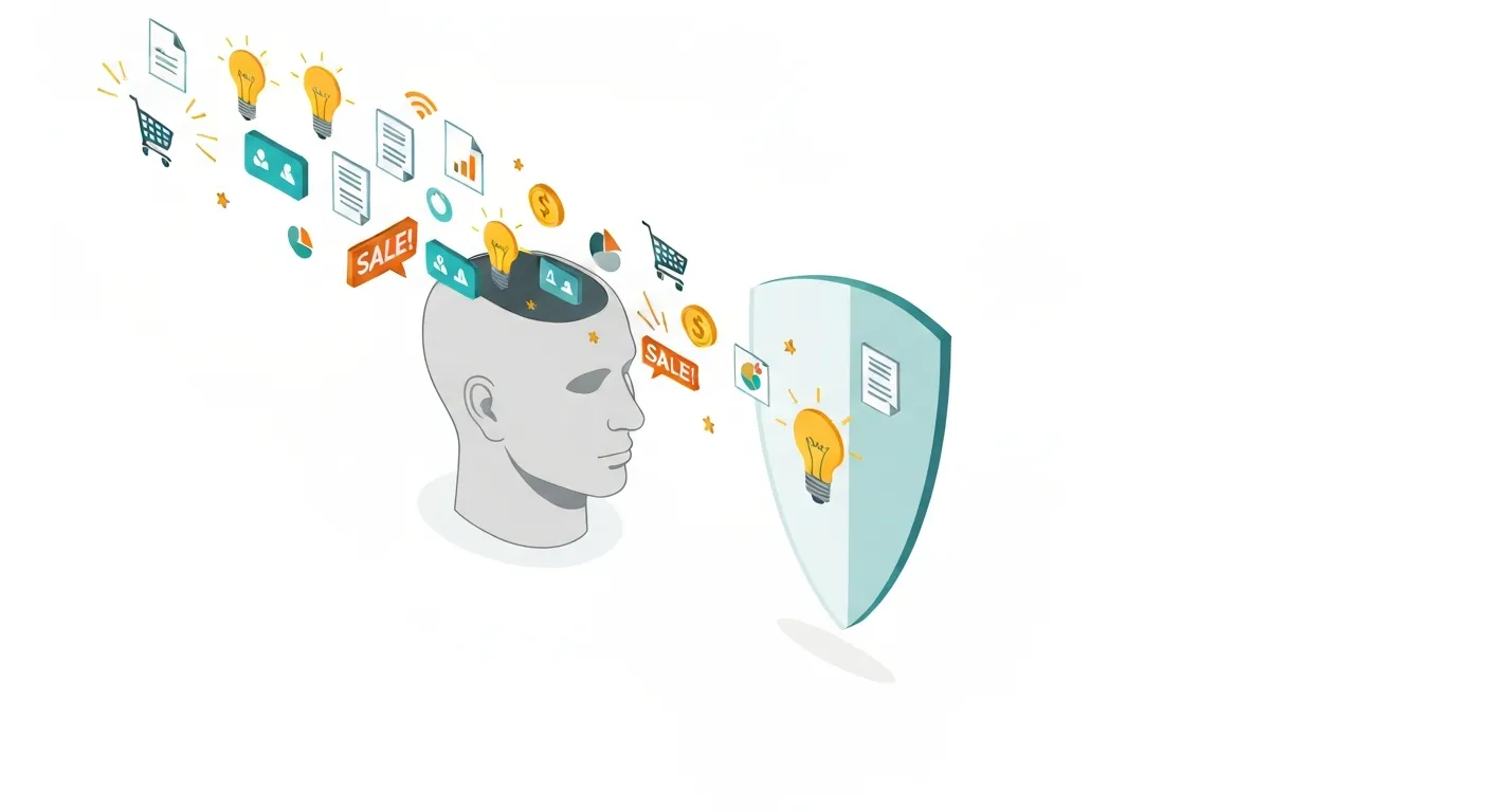 Ilustracja przedstawiająca psychologiczny mechanizm filtrowania informacji przez mózg. Ikony symbolizujące wartościową treść swobodnie wlatują do stylizowanej głowy, podczas gdy ikony reklamowe (procenty, megafony, przyciski 'kup teraz') odbijają się od niewidzialnej bariery.